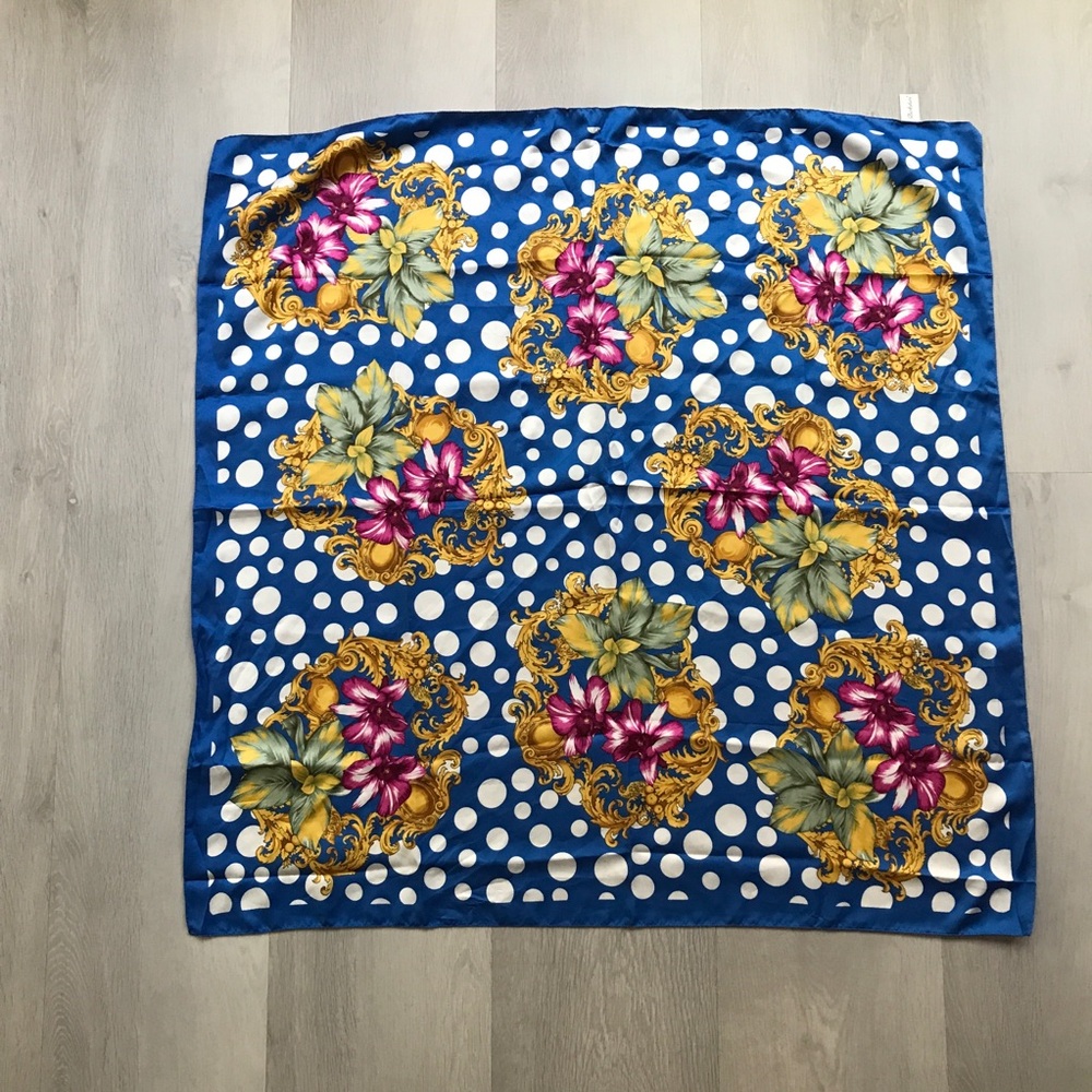 BERKSHIRE BLUE FLORAL SQUARE SATIN SCARF POLKA DOT 34"